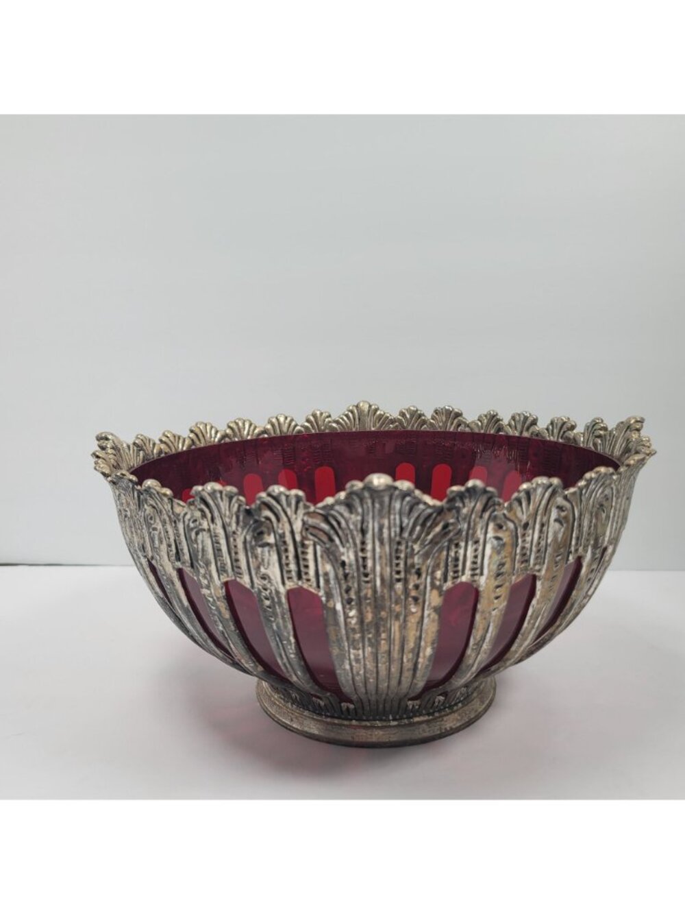 Vintage Silver Plated Godinger Ruby Red Glass Console Bowl with Utensils Set - Picture 3 of 12